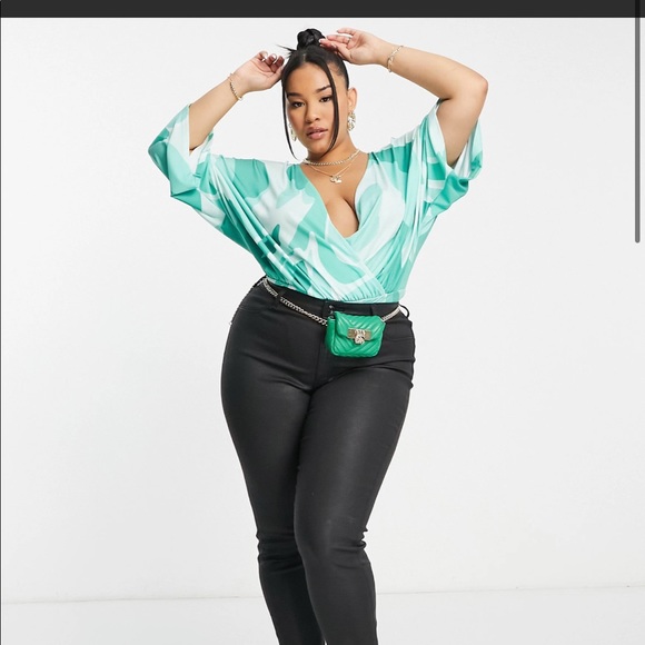 ASOS Curve angel sleeve bodysuit in mint abstract print - Picture 2 of 4